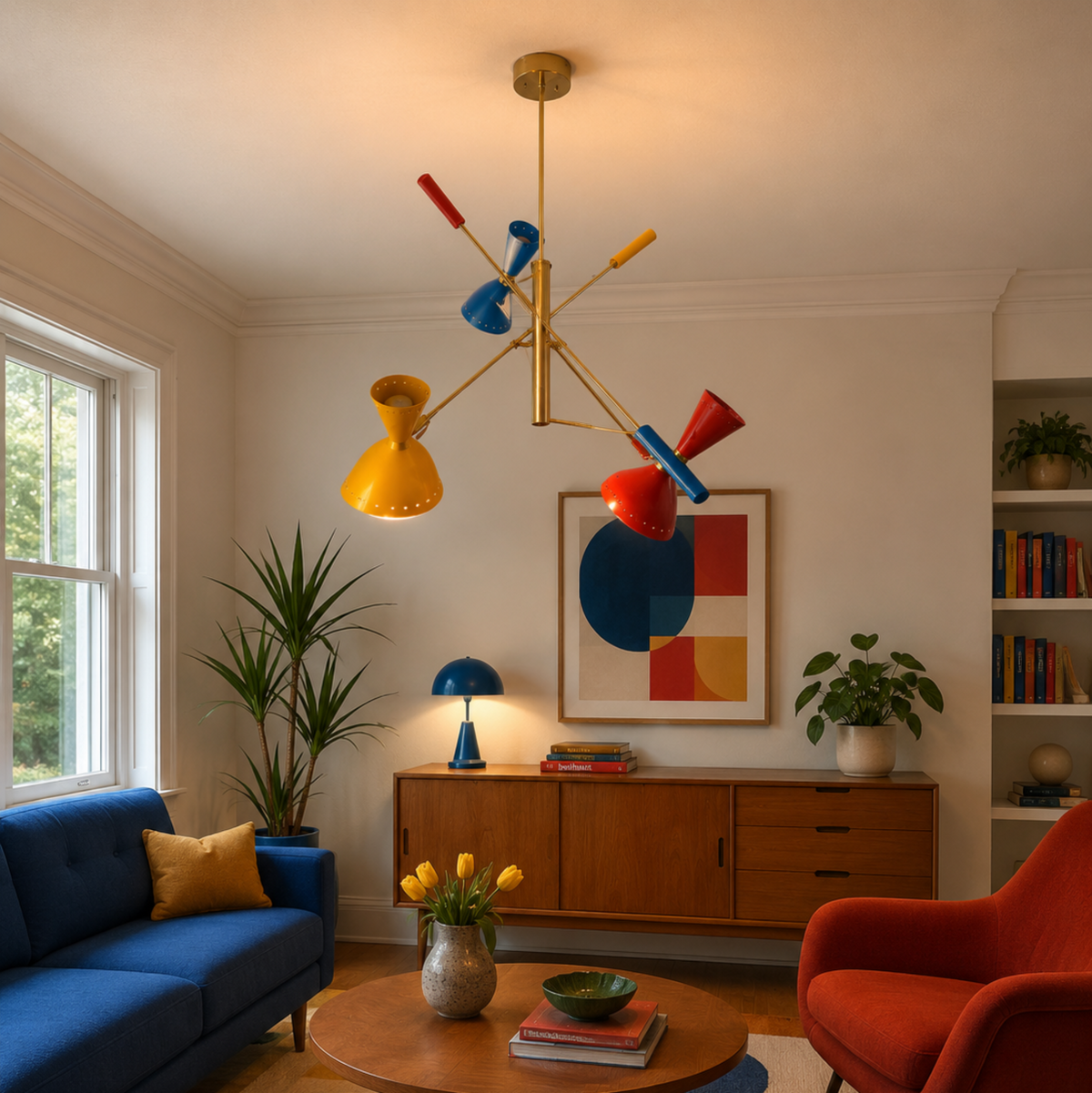 Bangkok 6 light multicolor chandelier displayed in a Mid-Century Modern living room with vibrant red, blue and yellow accents.