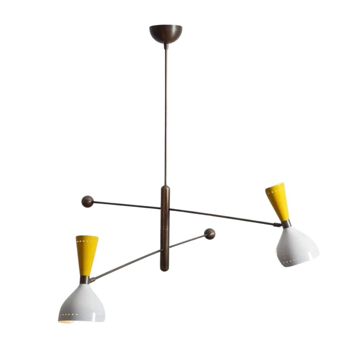 Angled view of the Bath 4 light chandelier highlighting its asymmetrical balance arms, spherical counterweights and two-tone metal shades.