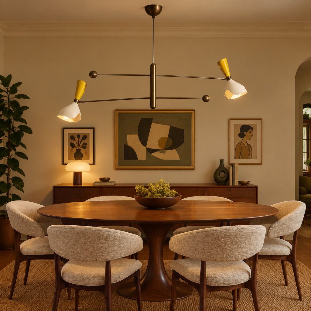 Full view of the Bath 4 light balance-arm chandelier with white sculptural shades, yellow accents and a dark bronze metal frame.