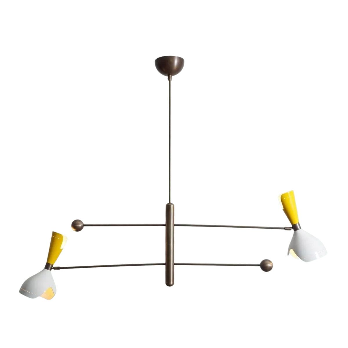 Straight front view of the Bath 4 light Mid-Century chandelier featuring elongated balance arms, dark bronze finish and two-tone shades.