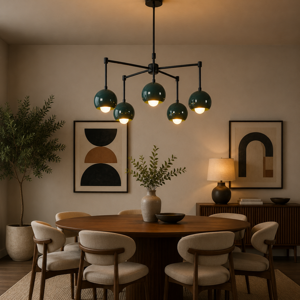 Bath 5 light teal dome chandelier installed above a round wooden dining table in a warm Mid-Century Modern dining room.