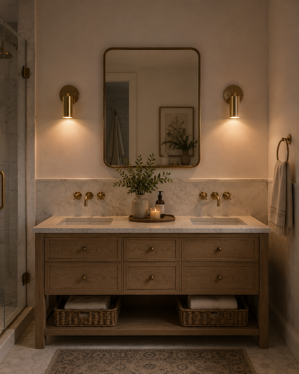 Pair of Milan adjustable antique brass cylinder wall sconces installed beside a bathroom vanity mirror, providing elegant task and accent lighting.