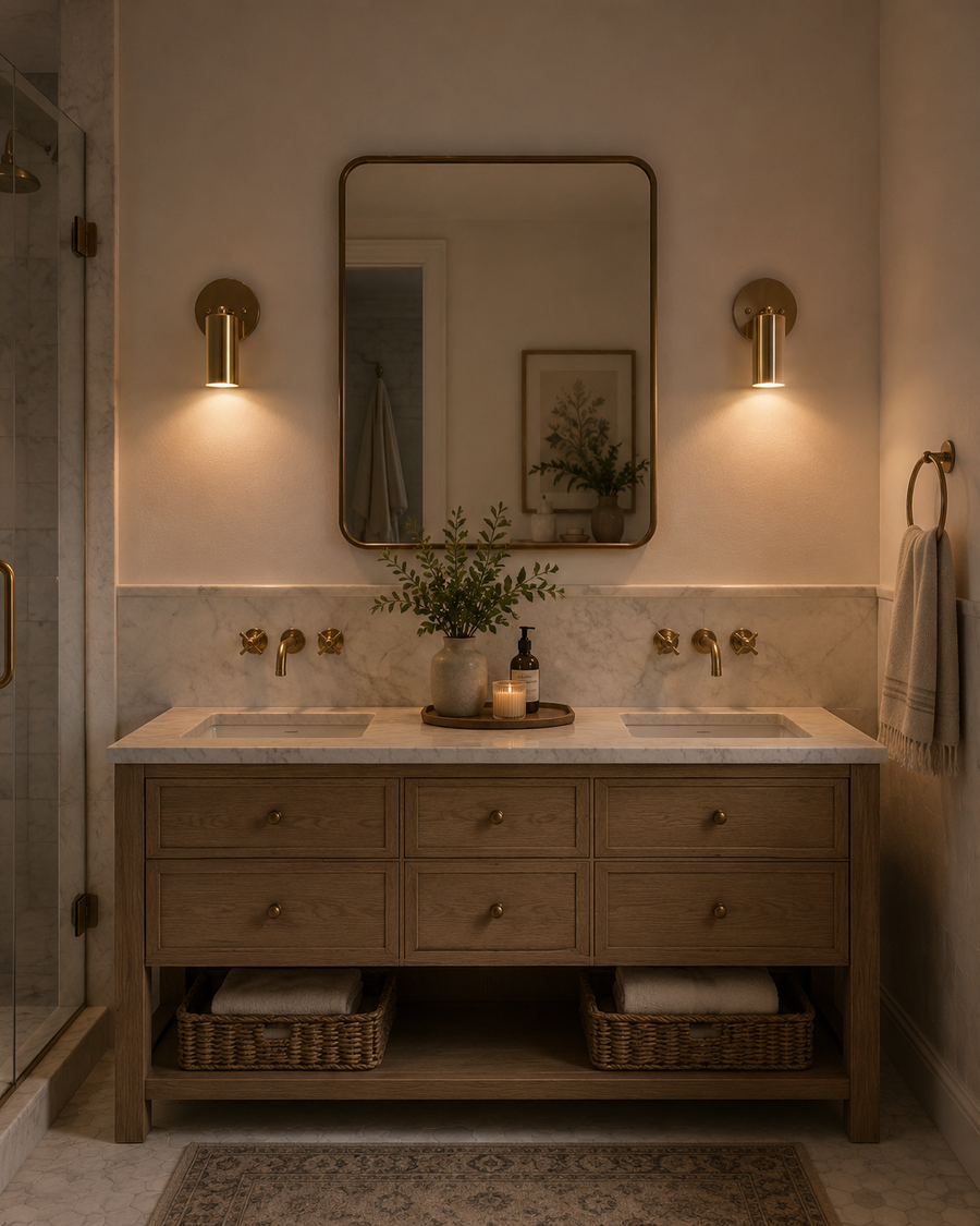 Pair of Milan adjustable antique brass cylinder wall sconces installed beside a bathroom vanity mirror, providing elegant task and accent lighting.