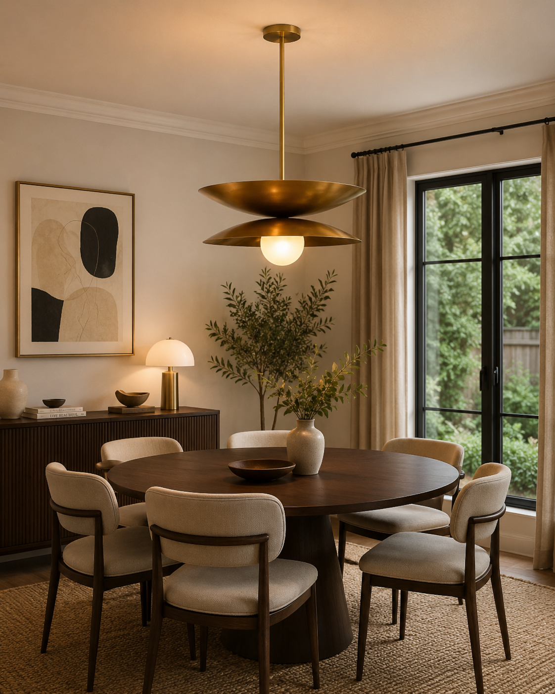 Belgravia brass double-disc pendant centered above a round wood dining table in a warm Mid-Century Modern dining room.