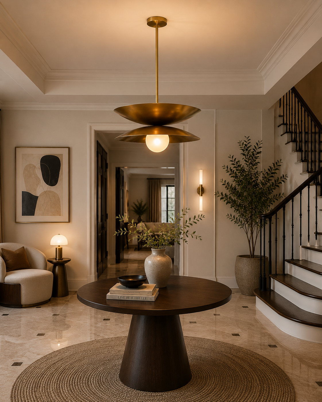 Belgravia brass double-disc pendant illuminating an elegant contemporary foyer with a round wood table and staircase.
