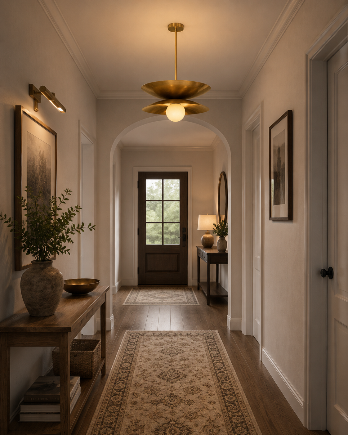 Belgravia 1 light sculptural brass pendant displayed in a refined hallway with warm ambient lighting and classic architectural details.