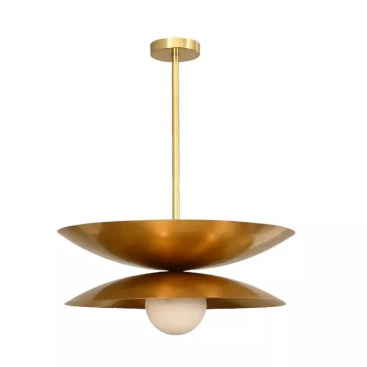 Belgravia double-disc pendant shown unlit with sculptural brass-tone saucer shades and a white opal globe.