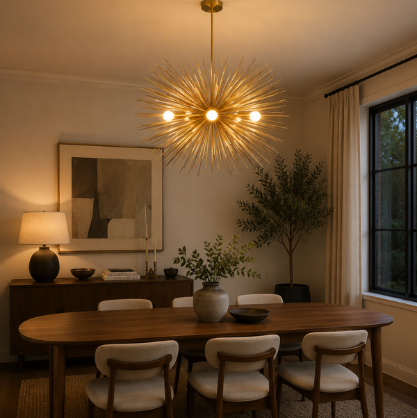 Belgravia 6 light antique brass tone sunburst Sputnik chandelier illuminated above a wooden dining table in a warm modern dining room.