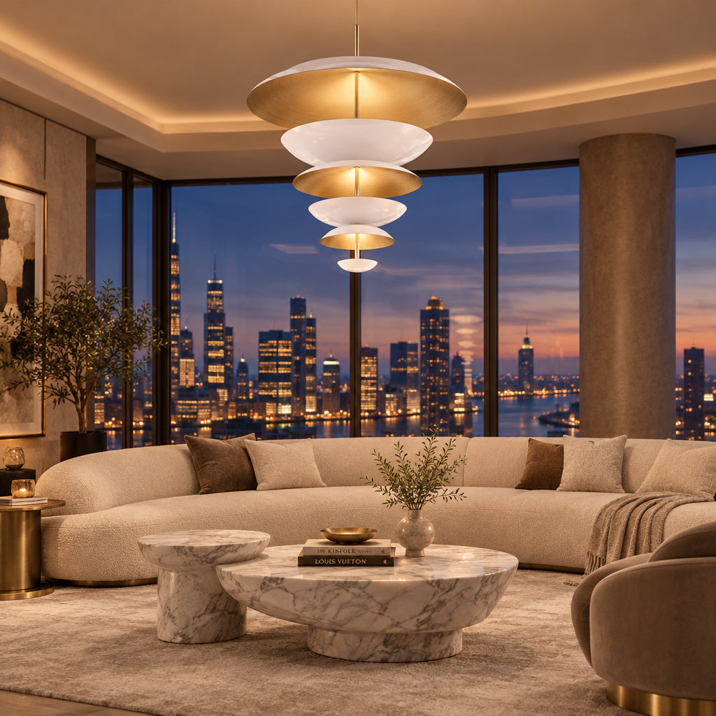Berlin 9 light layered disc chandelier shown from an angled view featuring white sculptural shades and warm brass-tone interiors.