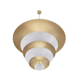 Bottom view of the Berlin 9 light sculptural chandelier highlighting its concentric white and brass-tone layered disc arrangement.