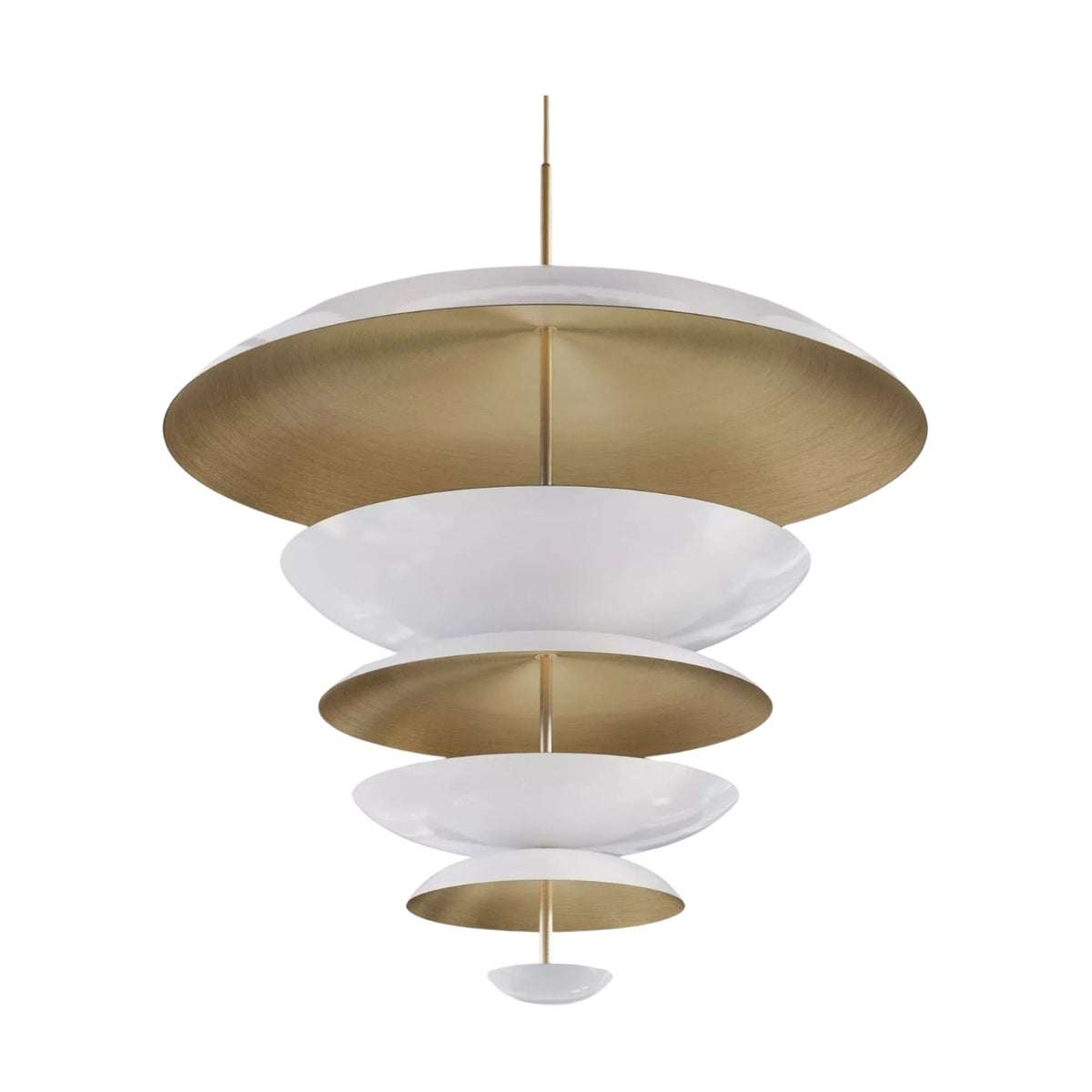 Close-up view of the Berlin 9 light chandelier featuring alternating white bowl shades and brass-tone layered discs.