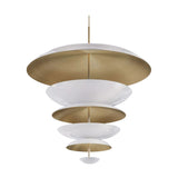 Close-up view of the Berlin 9 light chandelier featuring alternating white bowl shades and brass-tone layered discs.