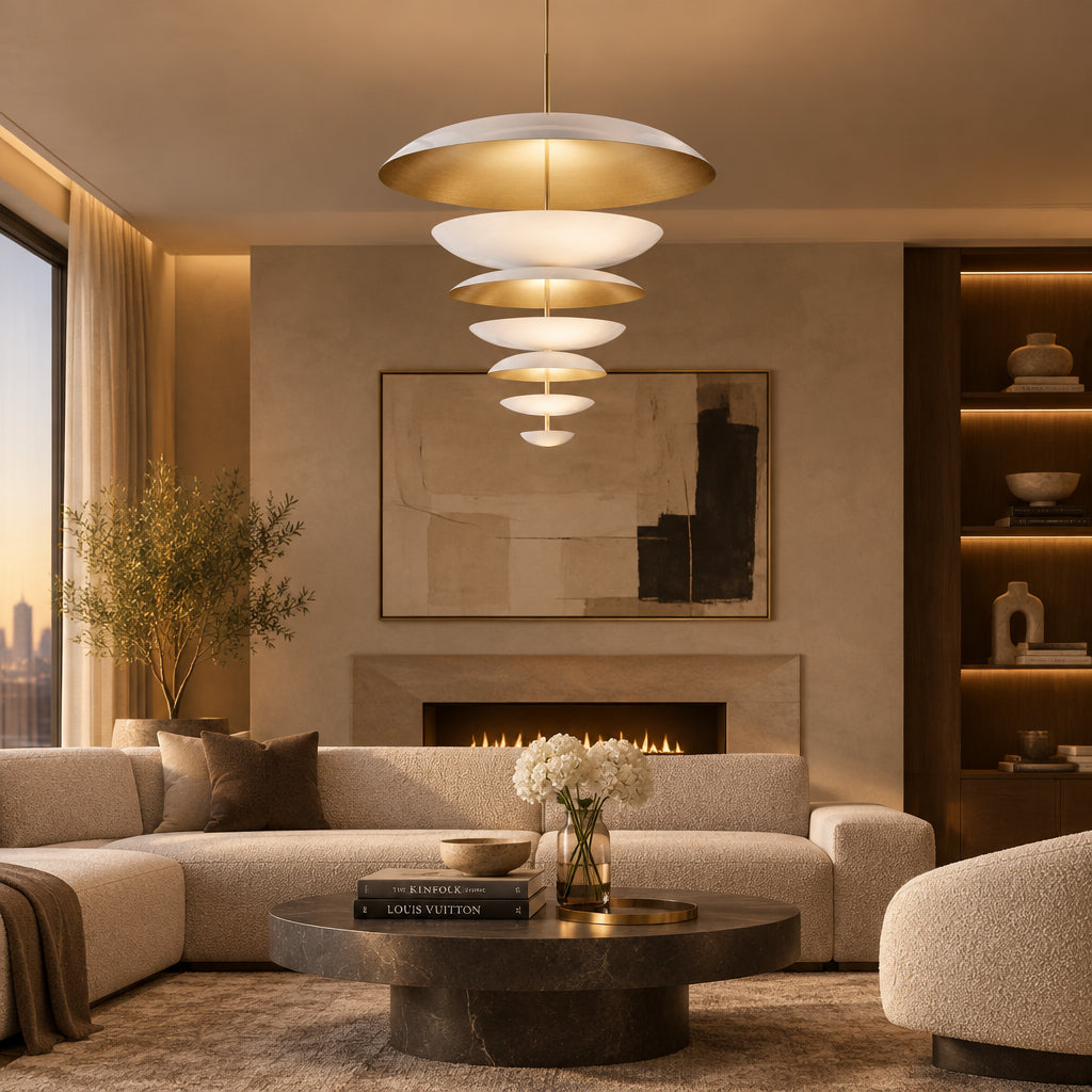 Berlin 9 light white and brass layered disc chandelier shown from the front with a sculptural vertical tiered design.