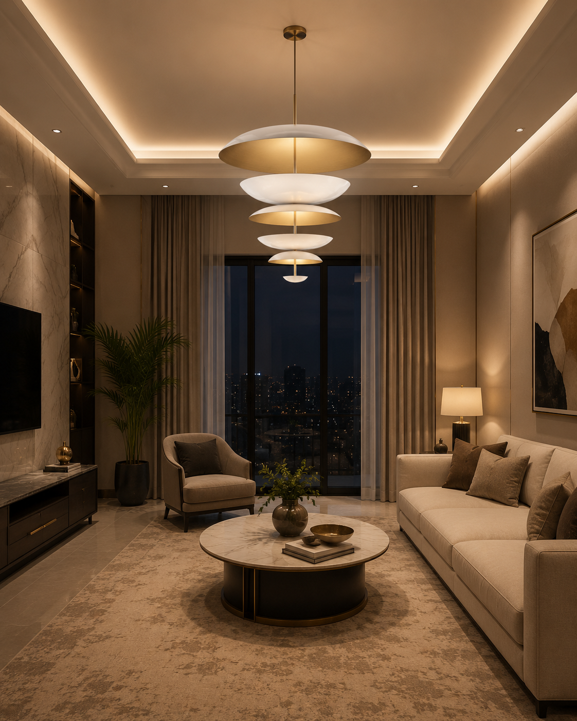Berlin 9 light white and brass layered disc chandelier displayed as a statement fixture in an elegant contemporary living room.