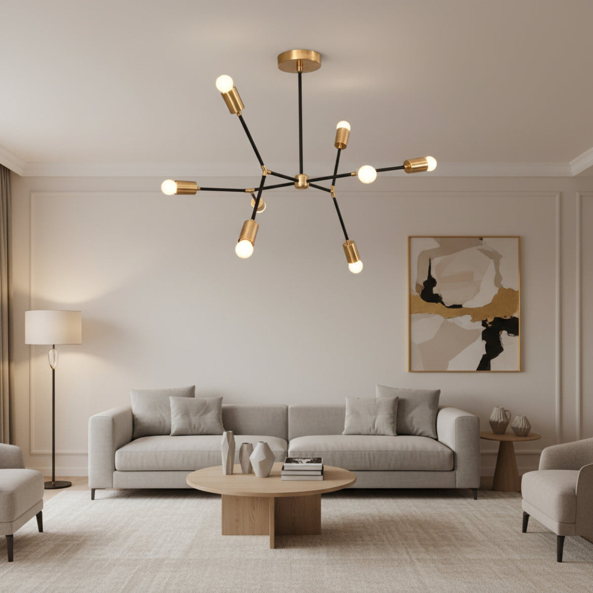 Berlin 8 light black and brass linear arm chandelier shown from an angled view with exposed globe bulbs.