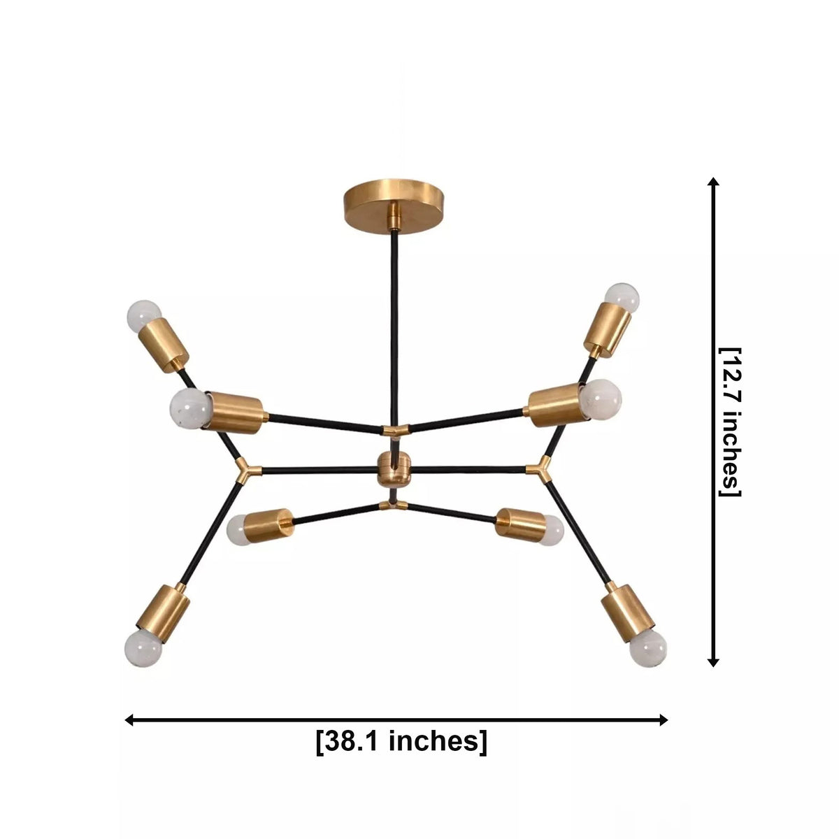 Berlin 8 light black and brass chandelier dimension view showing 38.1 inch width and 12.7 inch height.