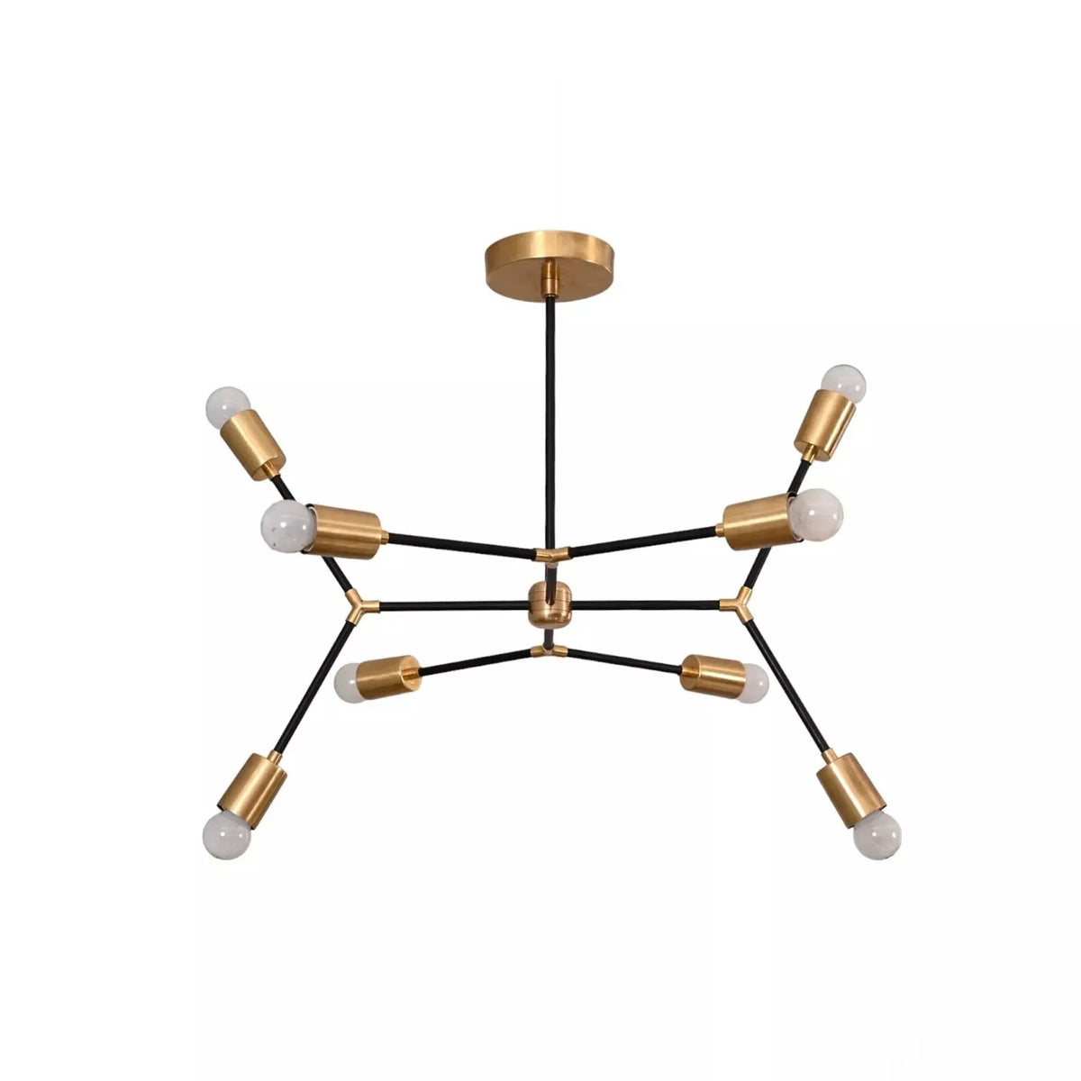 Berlin 8 light black and brass linear arm chandelier shown from the front with exposed globe bulbs and geometric arms.