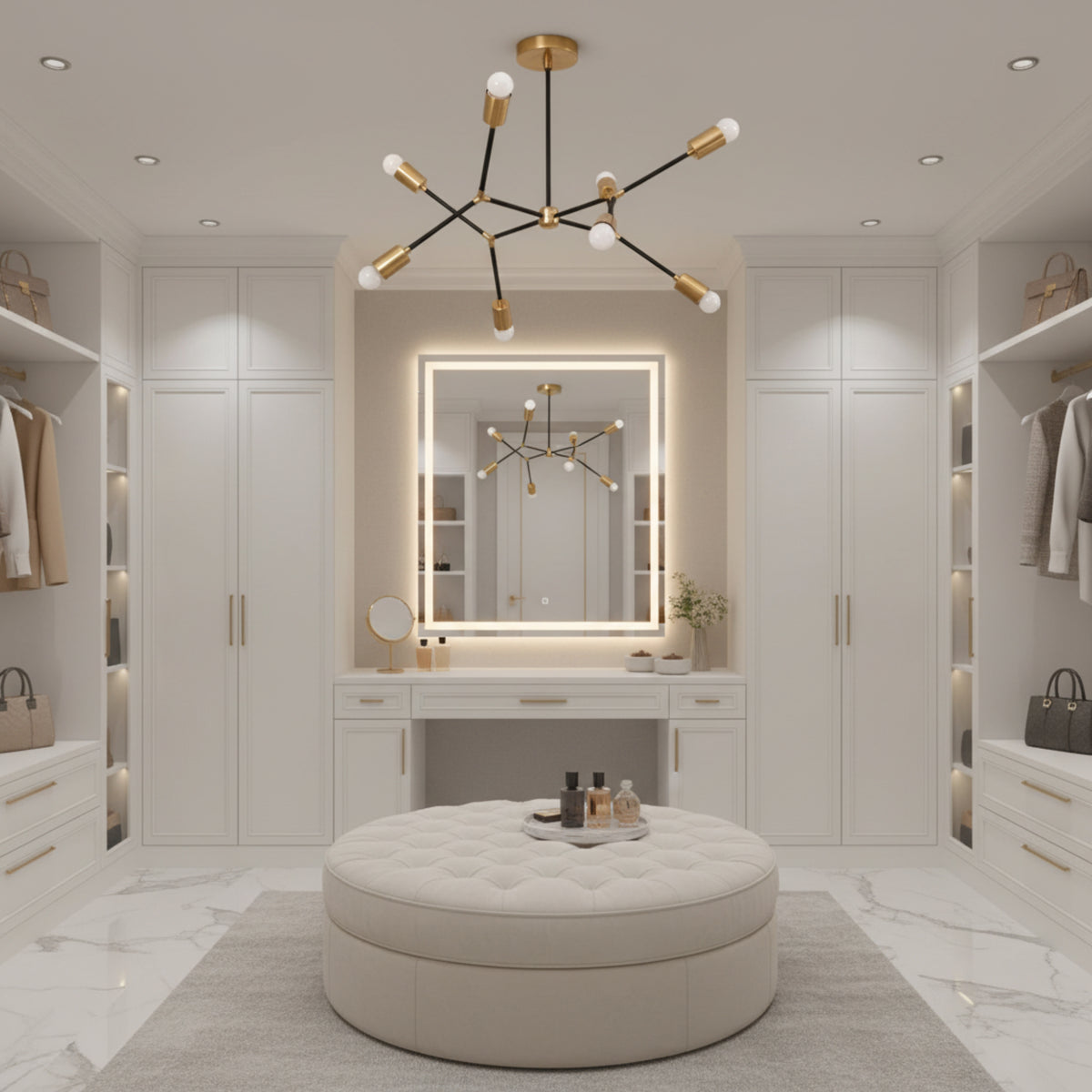Berlin 8 light geometric chandelier shown from a low angle featuring black arms, brass bulb holders, and round ceiling canopy.