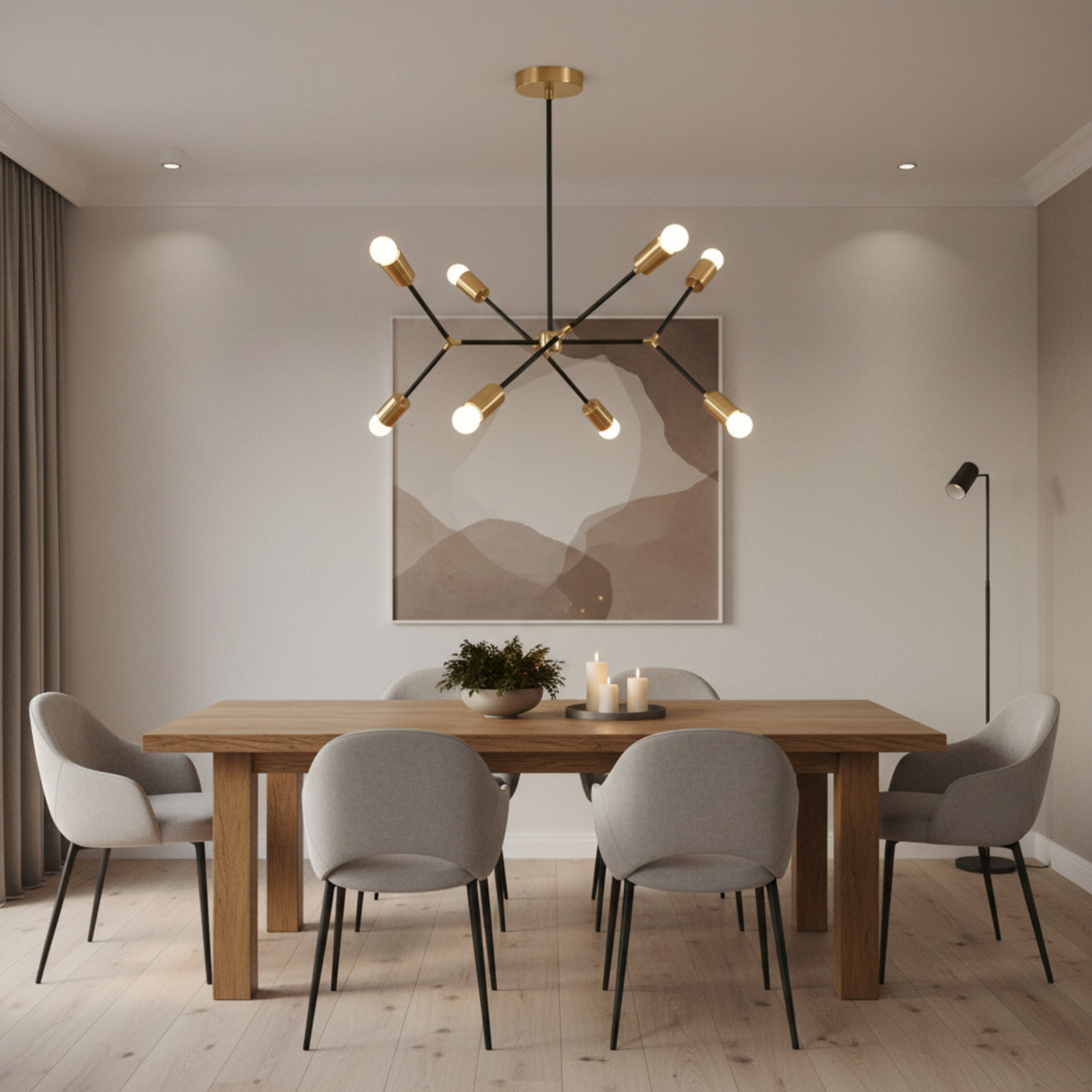 Berlin 8 light black and brass chandelier shown from a side angle highlighting its geometric branching arm design.