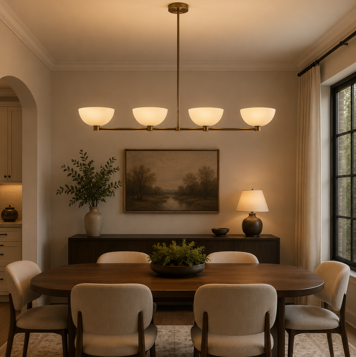 Bern 4 light metal bowl linear chandelier illuminated above a dining table in an elegant modern dining room.