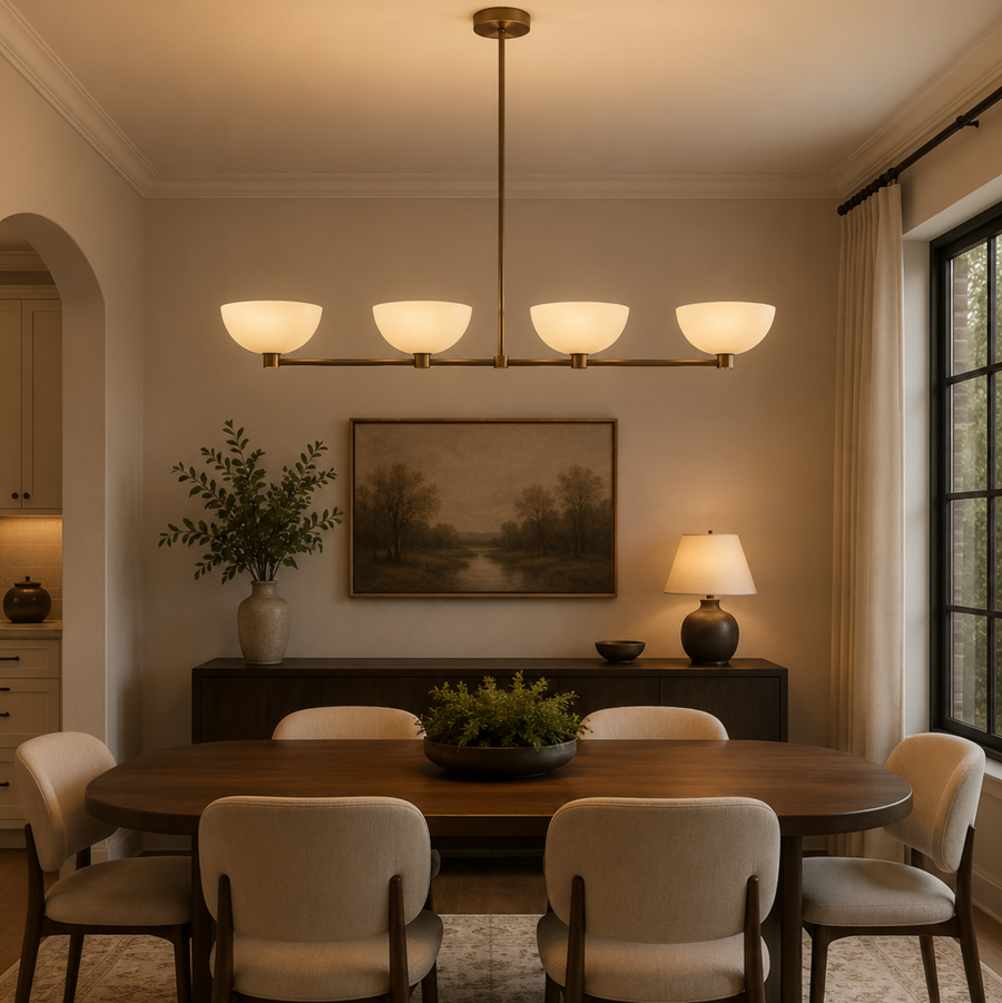 Bern 4 light linear chandelier shown from the front with ivory metal bowl shades and a slim brass frame.