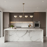 Bern 4 light metal bowl linear chandelier shown in a full front view with four ivory shades and a brass frame.