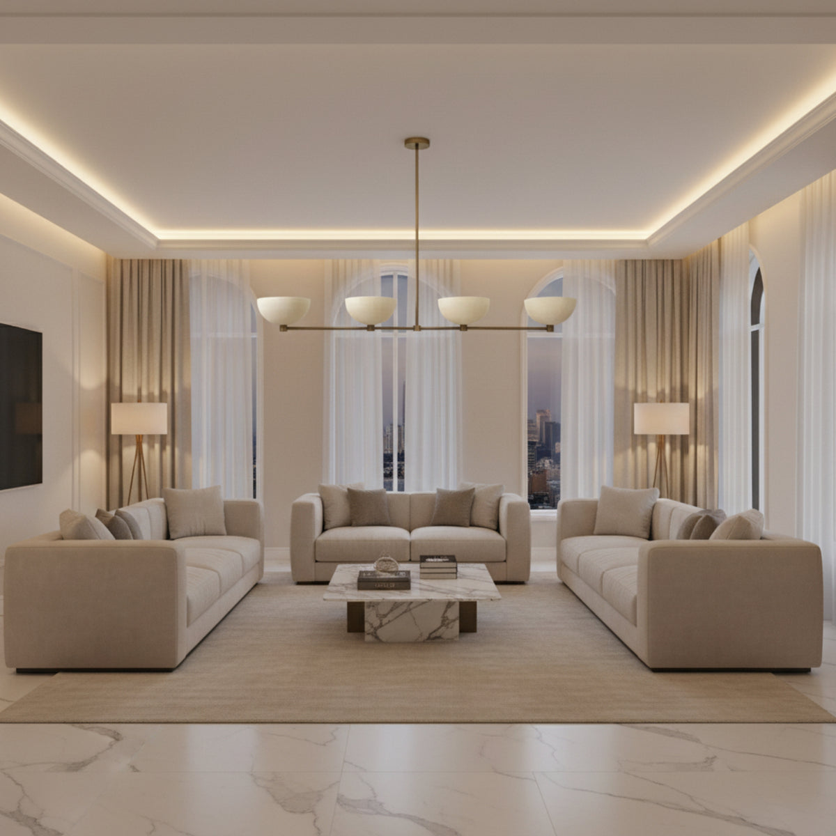 Bern 4 light brass linear chandelier shown from a straight view with four evenly spaced ivory metal bowl shades.