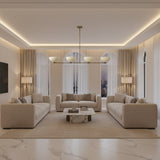 Bern 4 light brass linear chandelier shown from a straight view with four evenly spaced ivory metal bowl shades.