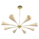 Bern 8 light Mid-Century Modern chandelier shown from an angled view with tapered ivory cone shades and brass-tone arms.