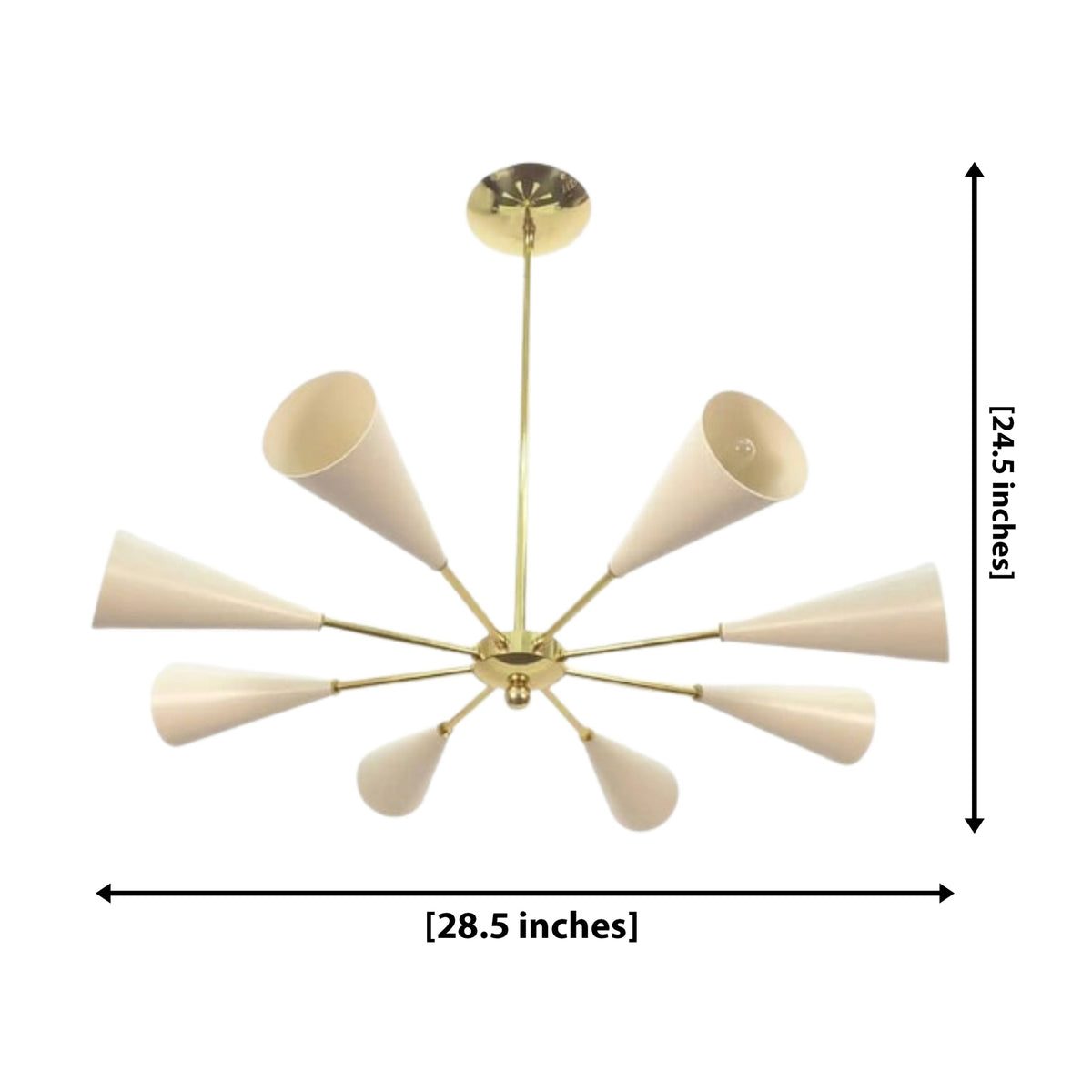 Bern 8 light ivory cone chandelier dimension view showing 28.5 inch width and 24.5 inch overall height.