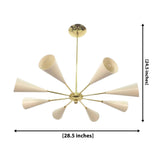 Bern 8 light ivory cone chandelier dimension view showing 28.5 inch width and 24.5 inch overall height.