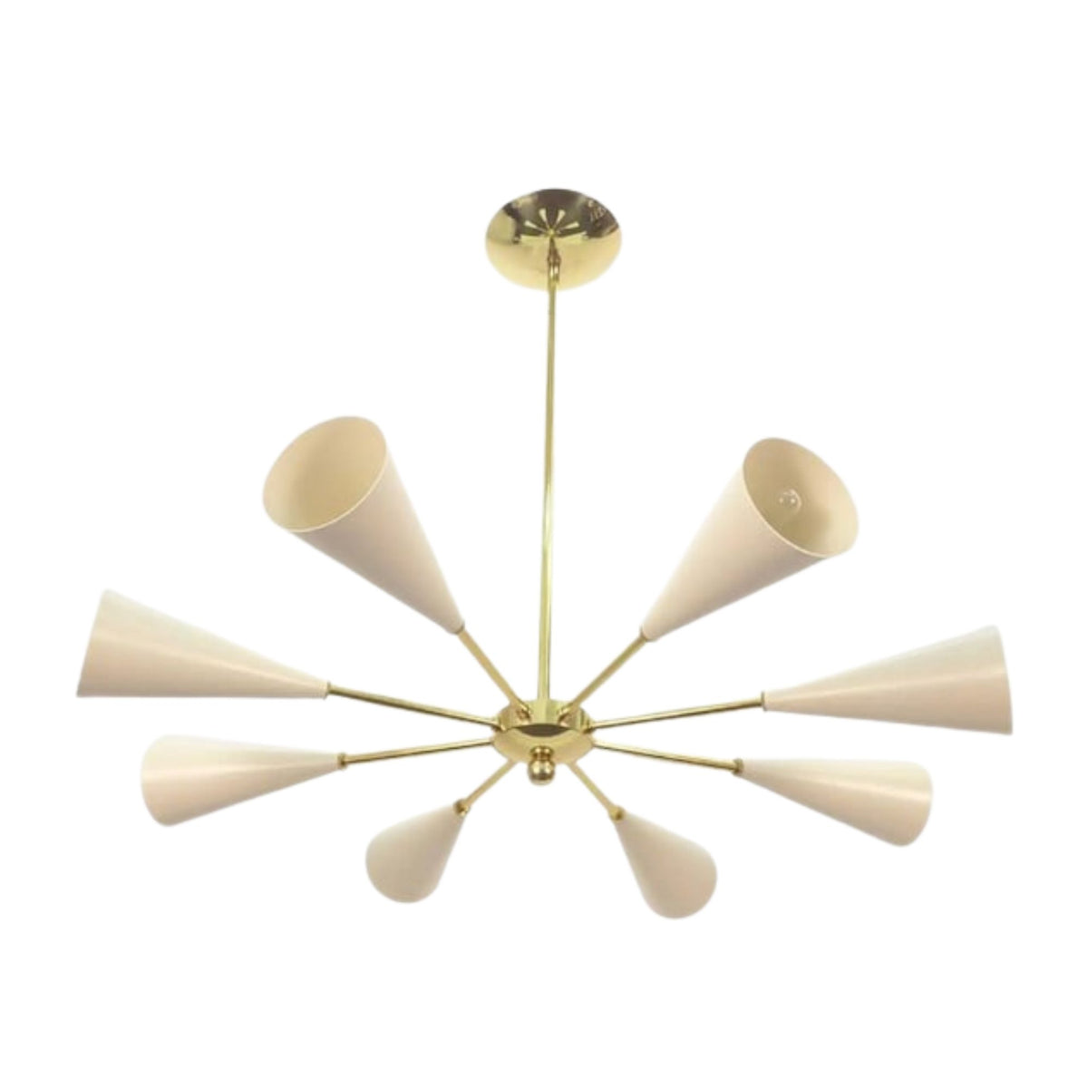 Bern 8 light ivory cone chandelier shown from the front with sculptural radial arms and a warm brass-tone frame.