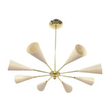 Bern 8 light ivory cone chandelier shown from the front with sculptural radial arms and a warm brass-tone frame.