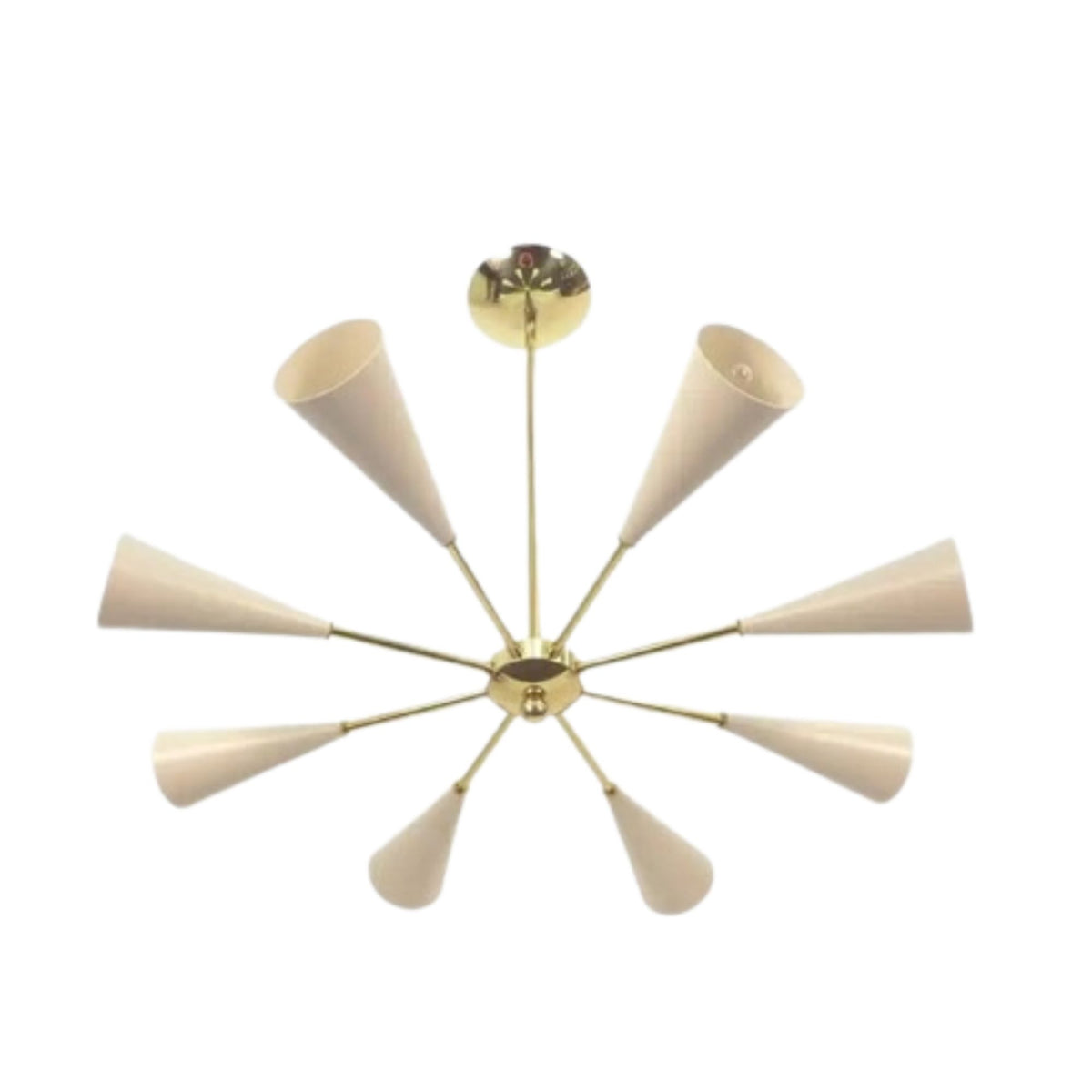 Full view of the Bern 8 light chandelier featuring elongated ivory cone shades arranged around a sculptural brass-tone central hub.