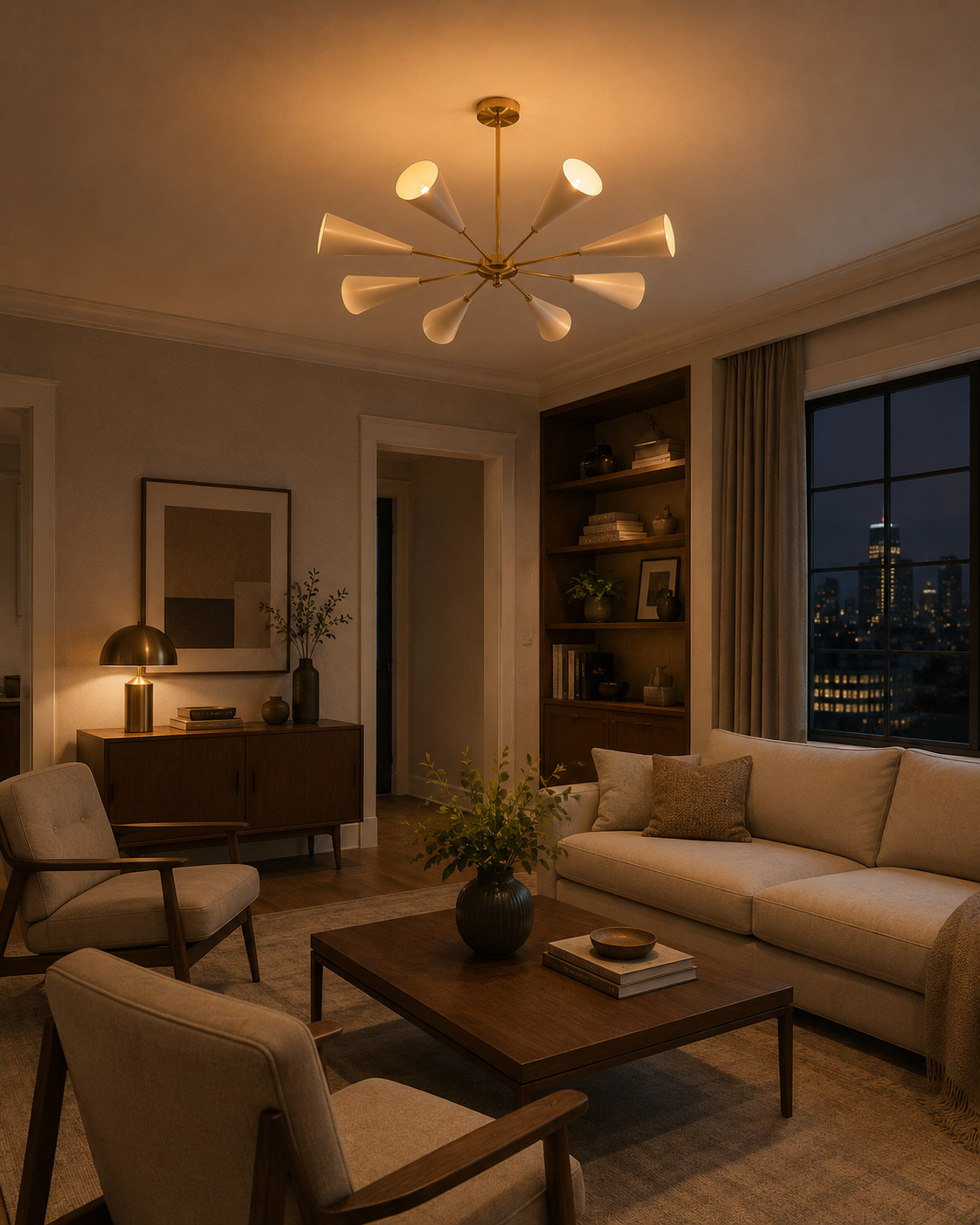 Bern 8 light brass and ivory Mid-Century chandelier displayed in an elegant contemporary living room with warm ambient lighting.