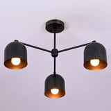 Modern 3-light black brass ceiling chandelier with dome-shaped shades, photographed in daylight against a white ceiling.