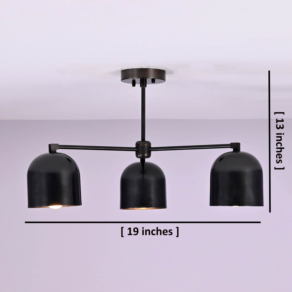 Black brass 3-light ceiling chandelier with dome-shaped shades, shown with dimensions of 19 inches wide and 13 inches high.