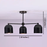 Black brass 3-light ceiling chandelier with dome-shaped shades, shown with dimensions of 19 inches wide and 13 inches high.