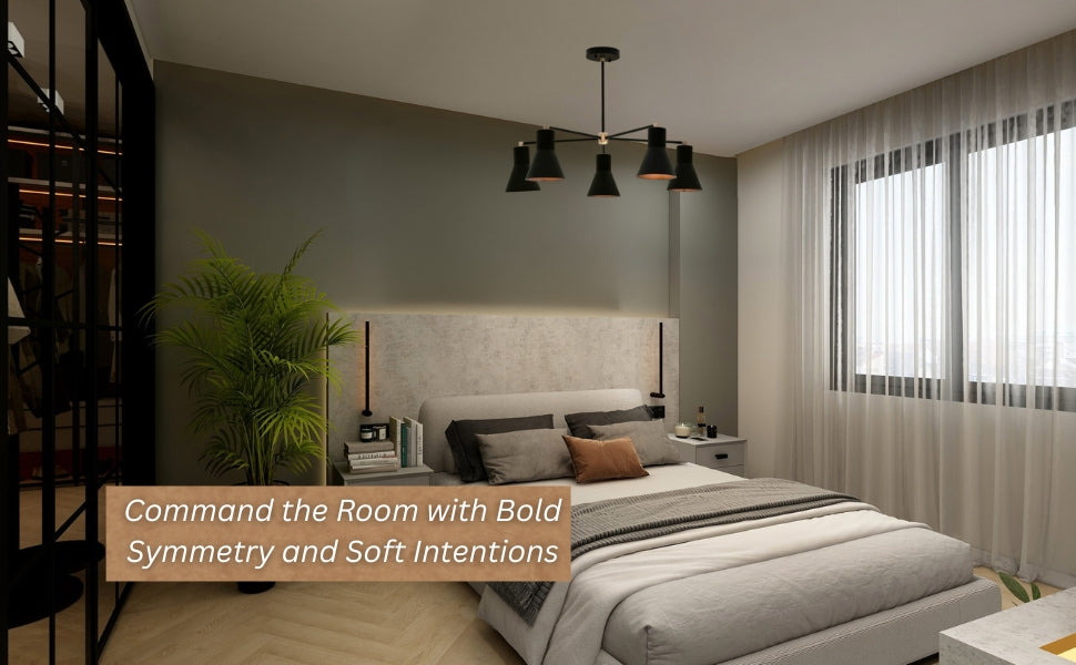 Elegant 5-light black brass chandelier installed in a contemporary bedroom, adding bold symmetry and warm ambient lighting.