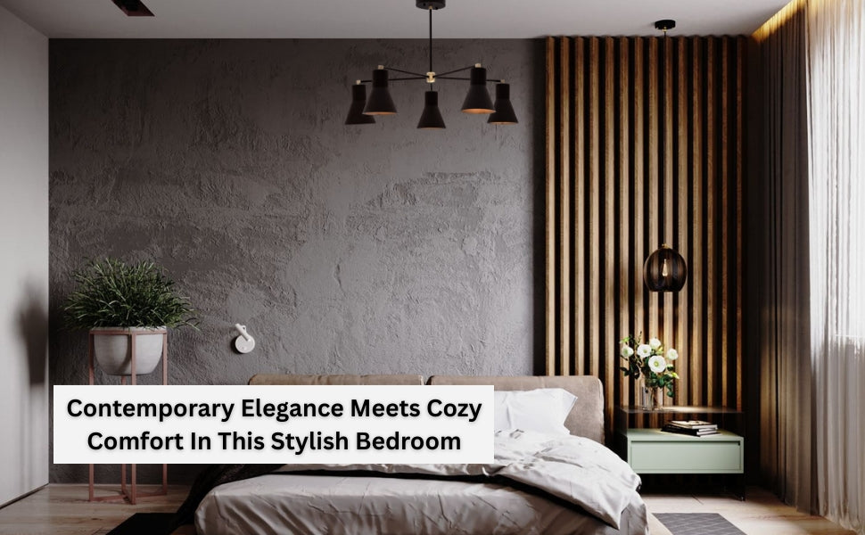 Modern black cone chandelier lighting up a stylish bedroom with wooden wall panels and neutral tones.