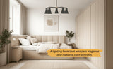 Stylish chandelier with five cone shades in a beige minimalist bedroom, blending elegance with calm strength
