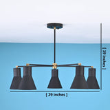 Black cone-shaped chandelier with five lights, featuring dimensions of 29 inches width and 19 inches height displayed for reference.