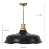 Dimensional view of matte black pendant light with brass chain and wooden accent, measuring 24 inches wide and 28 inches tall.