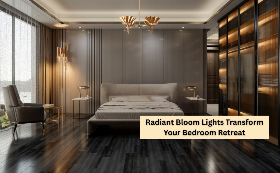 Brass bloom chandeliers installed in a modern bedroom, creating a warm and inviting retreat atmosphere.