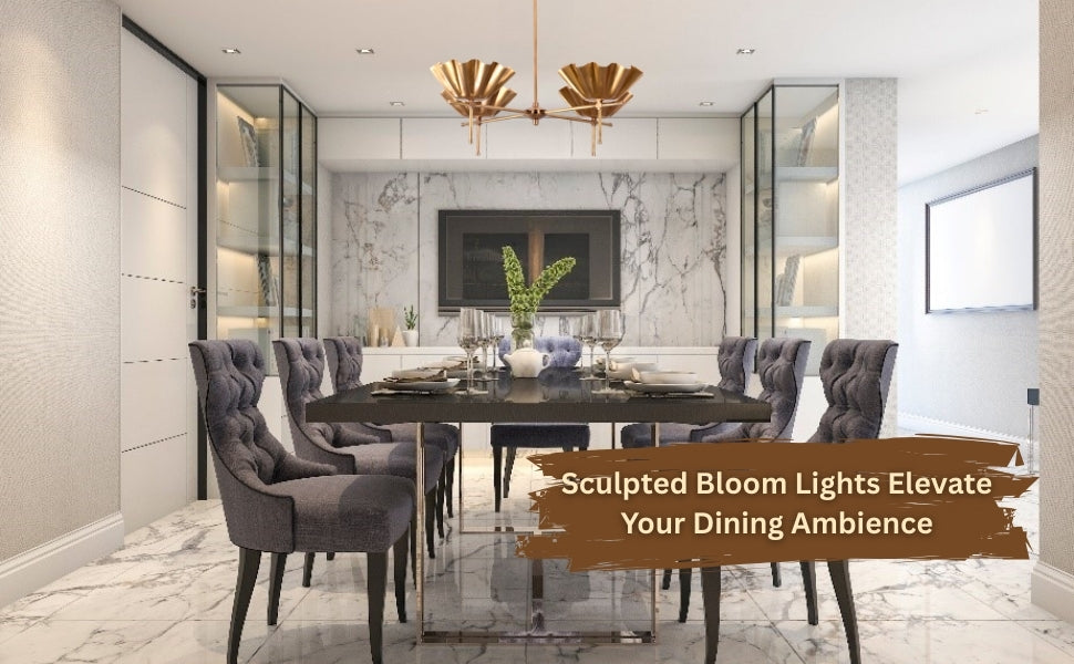 Sculpted brass bloom chandeliers enhancing the dining area with modern luxury and ambient golden lighting.