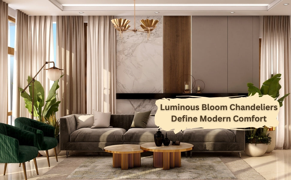 Brass bloom chandeliers illuminating a modern living room with elegant furniture and decor, adding warmth and sophistication.