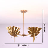 Brass bloom chandelier with labeled dimensions 31 inches width and 21 inches height, showcasing design proportions.