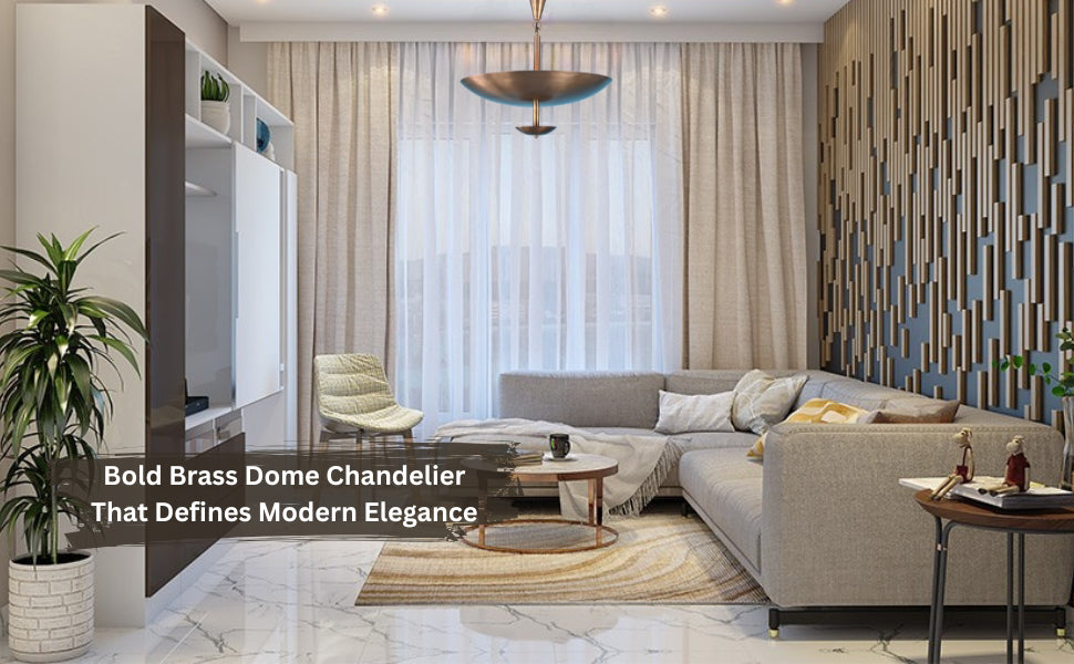 Modern living room with a bold brass bowl chandelier, light wood accents, and a geometric accent wall.