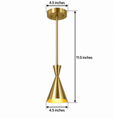 Bologna 1 light brass double cone pendant chandelier dimension view showing 4.5 inch width and 11.5 inch fixture height.