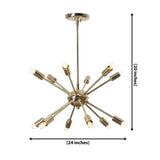 Bologna 12-light gold Sputnik chandelier dimension diagram showing 24-inch width and 20-inch overall height, including ceiling canopy and suspension rod.